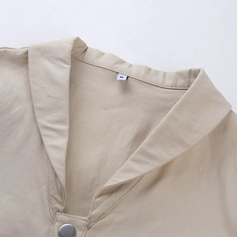 Khaki England Style Vintage Zipper Pocket Single-Breasted Turn-Down Collar Tees