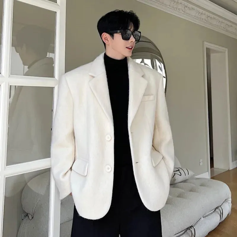 Korean Chic Men's Woolen Suit Jacket Fashion Lapel Single Breasted Male Blazer Spring Casual Men Clothing White 9C2886