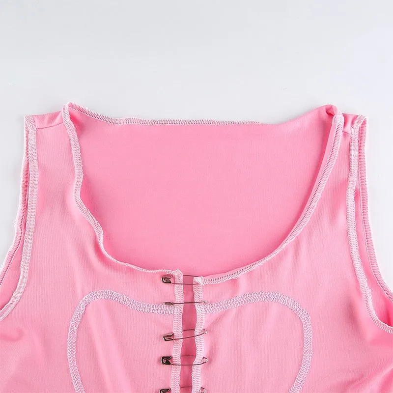 Kpop Heart Printed Cute Tank Tops  Sexy Sleeveless Pink Crop Tops Sleeveless