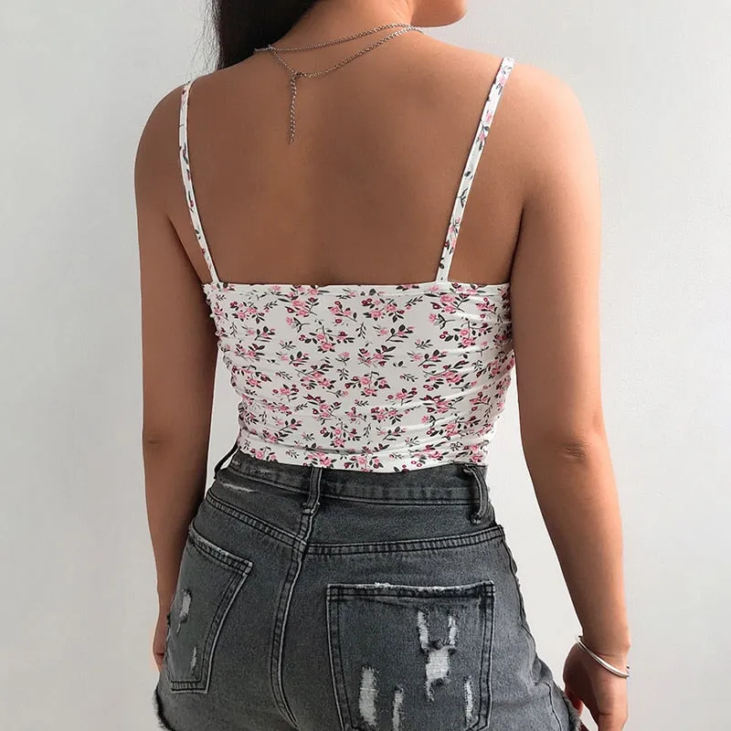 Lace Edge Small Flower Cute Summer Tops For Women Boho Sweet Style Beachwear Sleeveless V Neck Sexy Bralette Crop Top