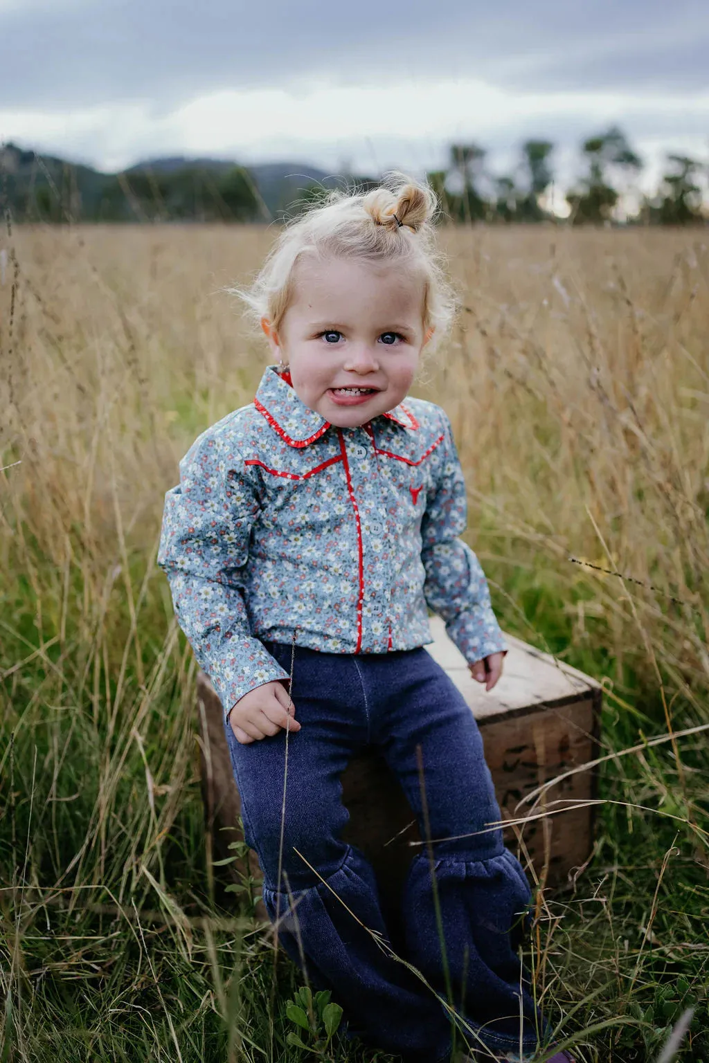 Little Windmill Paris Jnr Floral Blues and Red Western Yoke L/S Shirt