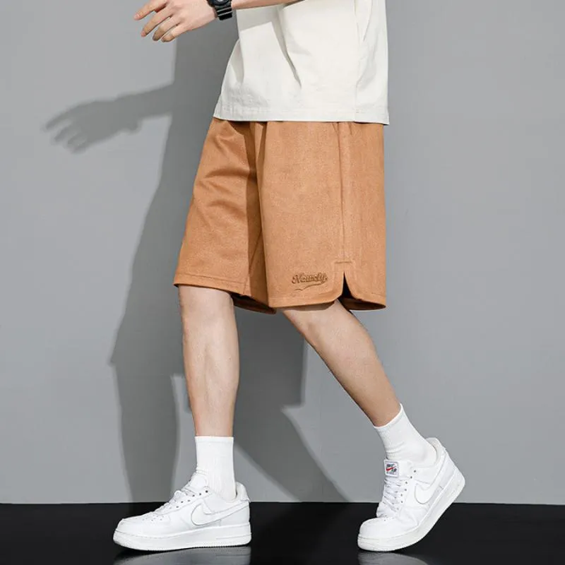 Loose Fit Draping Sports Camel Velvet Retro Casual Suede Shorts