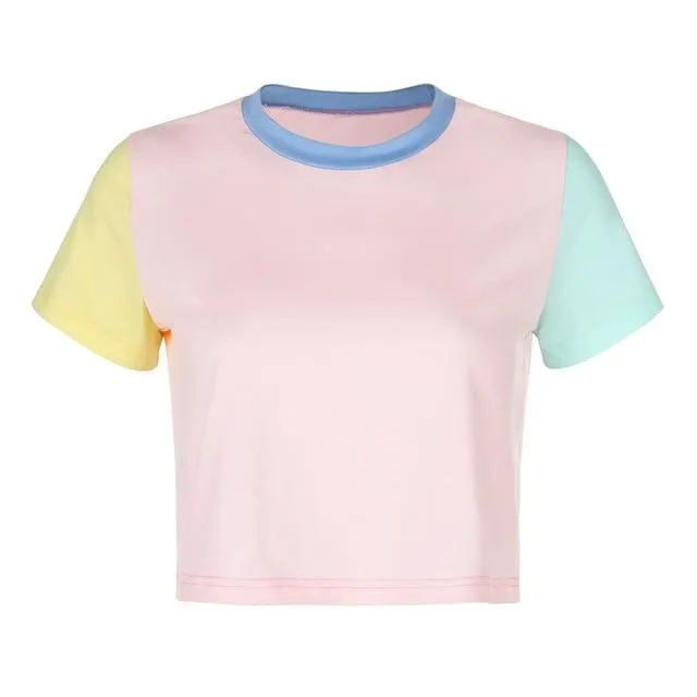 Macaron Colorblock Cute Harajuku Crop Top Short Sleeve Tees