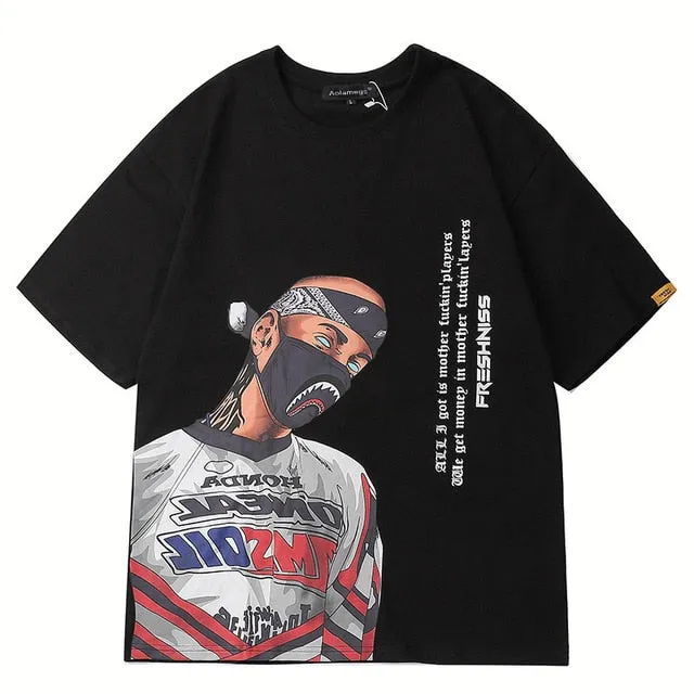 Masked Gangster Printed Hip Hop Streetwear Loose Tees