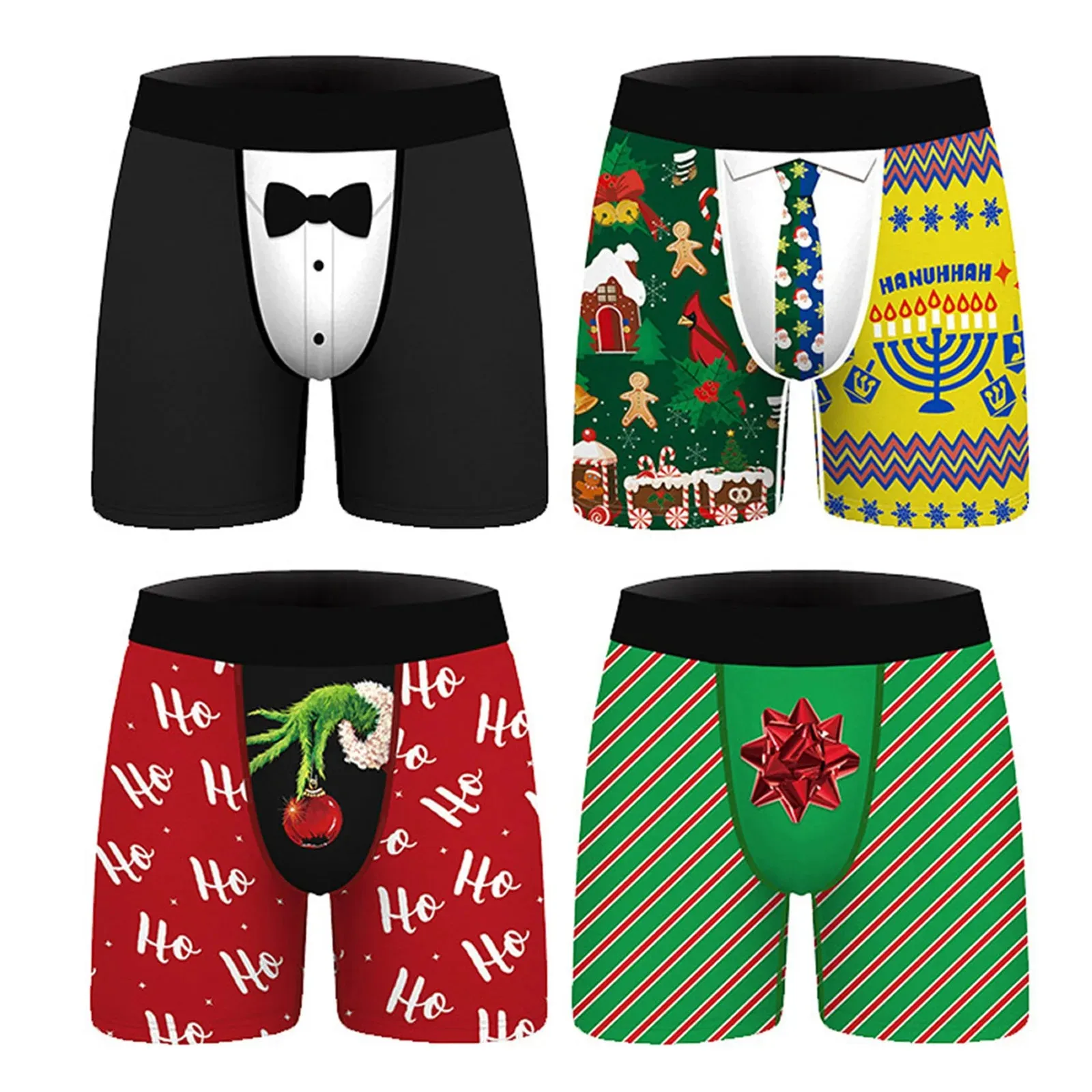 Men Christmas Stylish Printing Shorts Underwear Mid Waist Elastic Waistband Boxer Brief Breathable Underpants