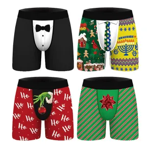 Men Christmas Stylish Printing Shorts Underwear Mid Waist Elastic Waistband Boxer Brief Breathable Underpants