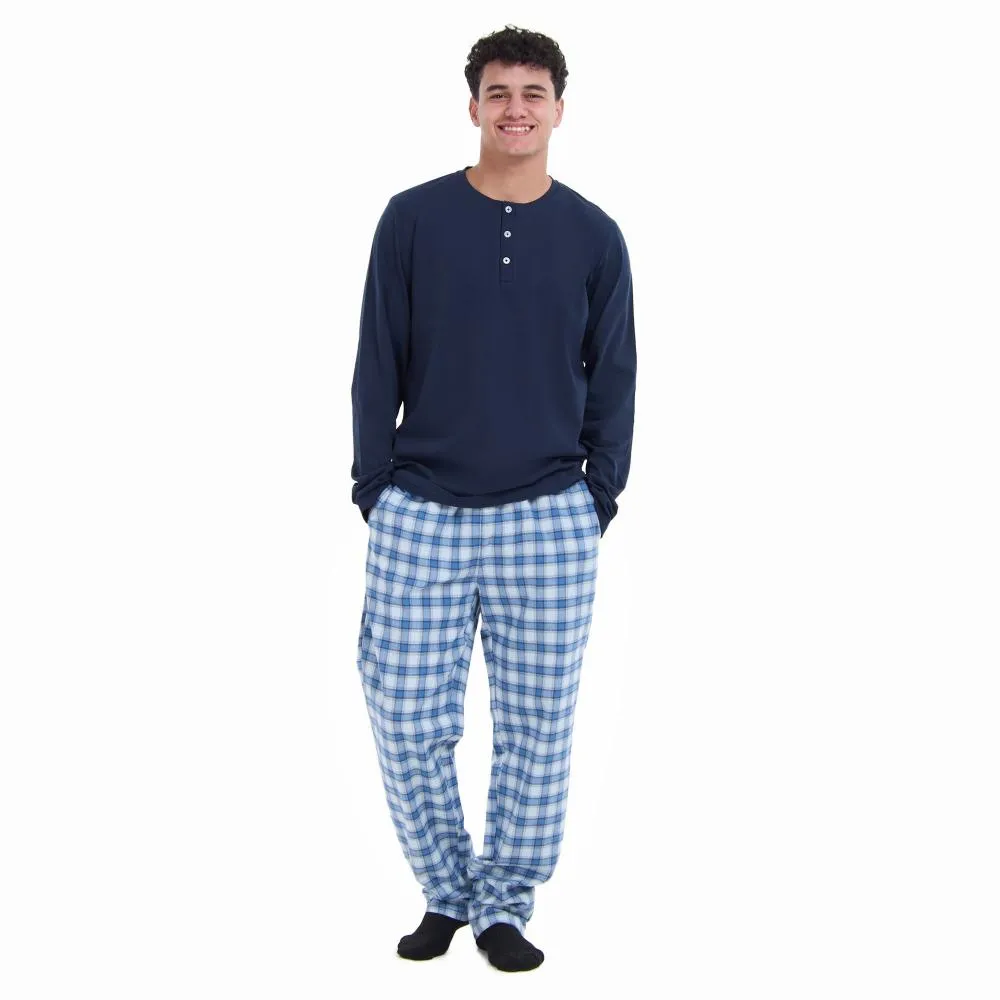 Men Fall Pajama Set Dark Blue Buttoned Sweatshirt   Light grey x Blue checkered Pants