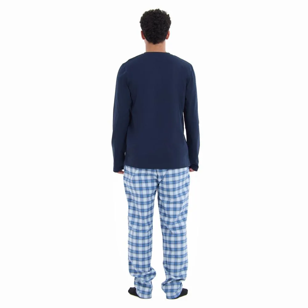 Men Fall Pajama Set Dark Blue Buttoned Sweatshirt   Light grey x Blue checkered Pants