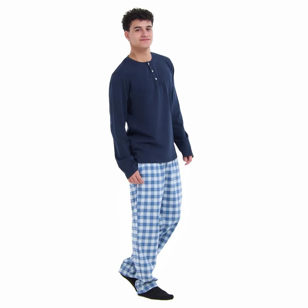 Men Fall Pajama Set Dark Blue Buttoned Sweatshirt   Light grey x Blue checkered Pants