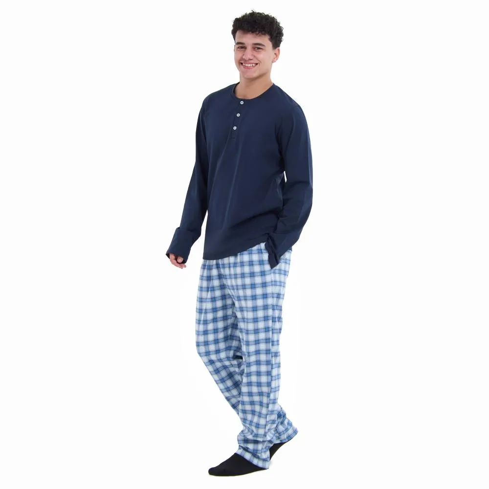 Men Fall Pajama Set Dark Blue Buttoned Sweatshirt   Light grey x Blue checkered Pants