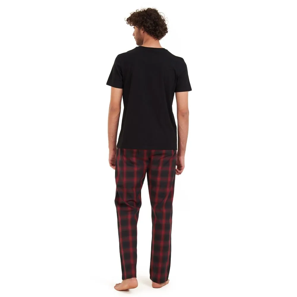 Men summer pajama set Black t-shirt  Black x red checkered Pants