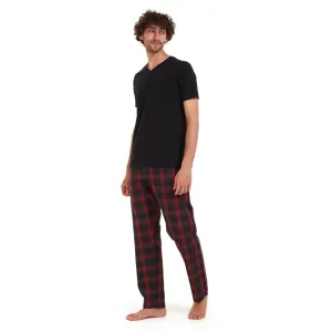 Men summer pajama set Black t-shirt  Black x red checkered Pants