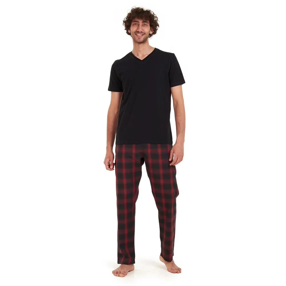 Men summer pajama set Black t-shirt  Black x red checkered Pants