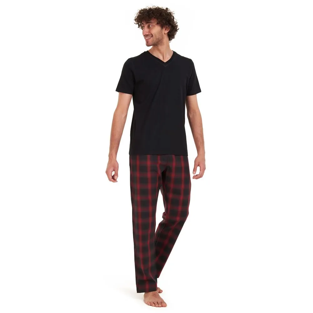 Men summer pajama set Black t-shirt  Black x red checkered Pants