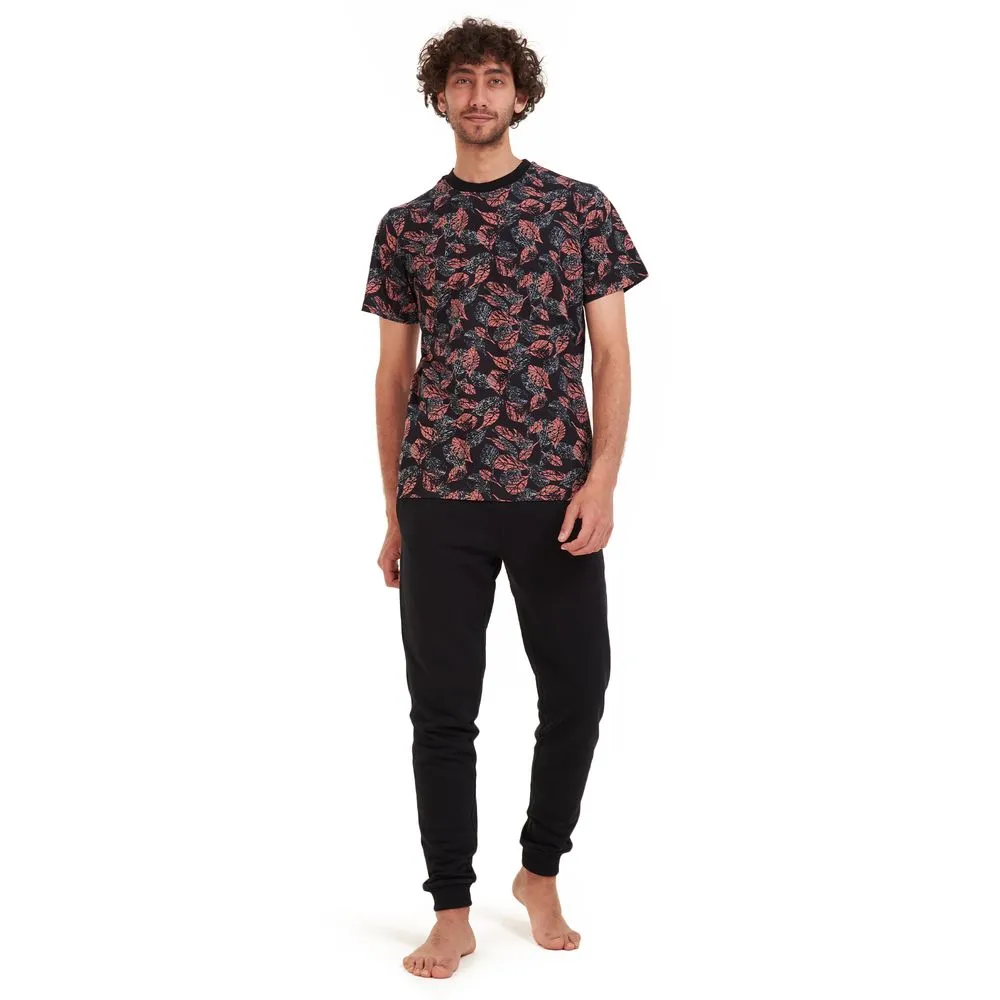 Men summer pajama set Cashmere leaves t-shirt  Black pants