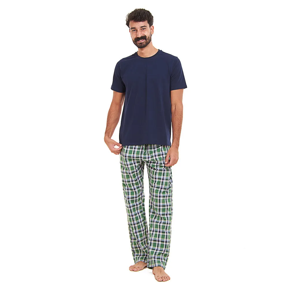 Men summer pajama set Dark blue T-shirt   Green x Dark Blue checkered Pants