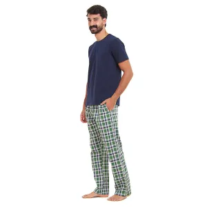 Men summer pajama set Dark blue T-shirt   Green x Dark Blue checkered Pants