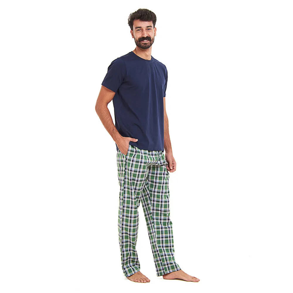 Men summer pajama set Dark blue T-shirt   Green x Dark Blue checkered Pants