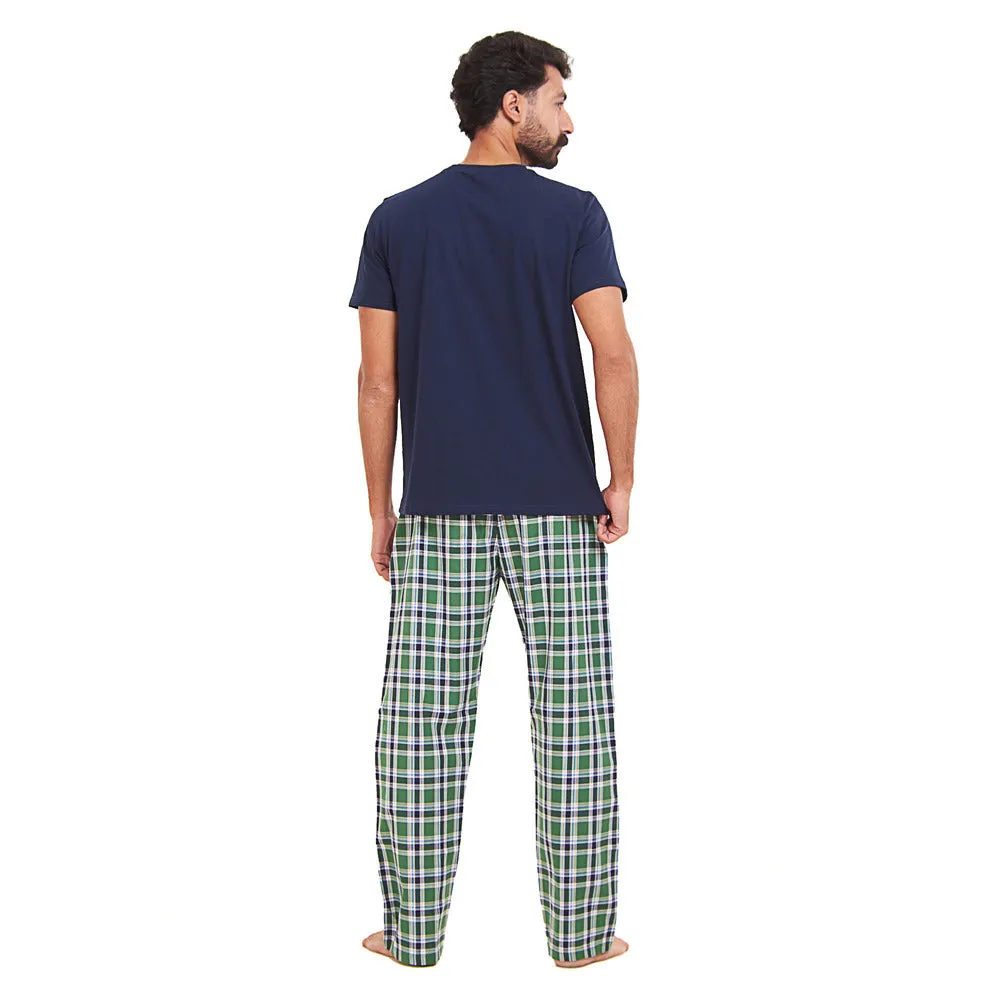 Men summer pajama set Dark blue T-shirt   Green x Dark Blue checkered Pants