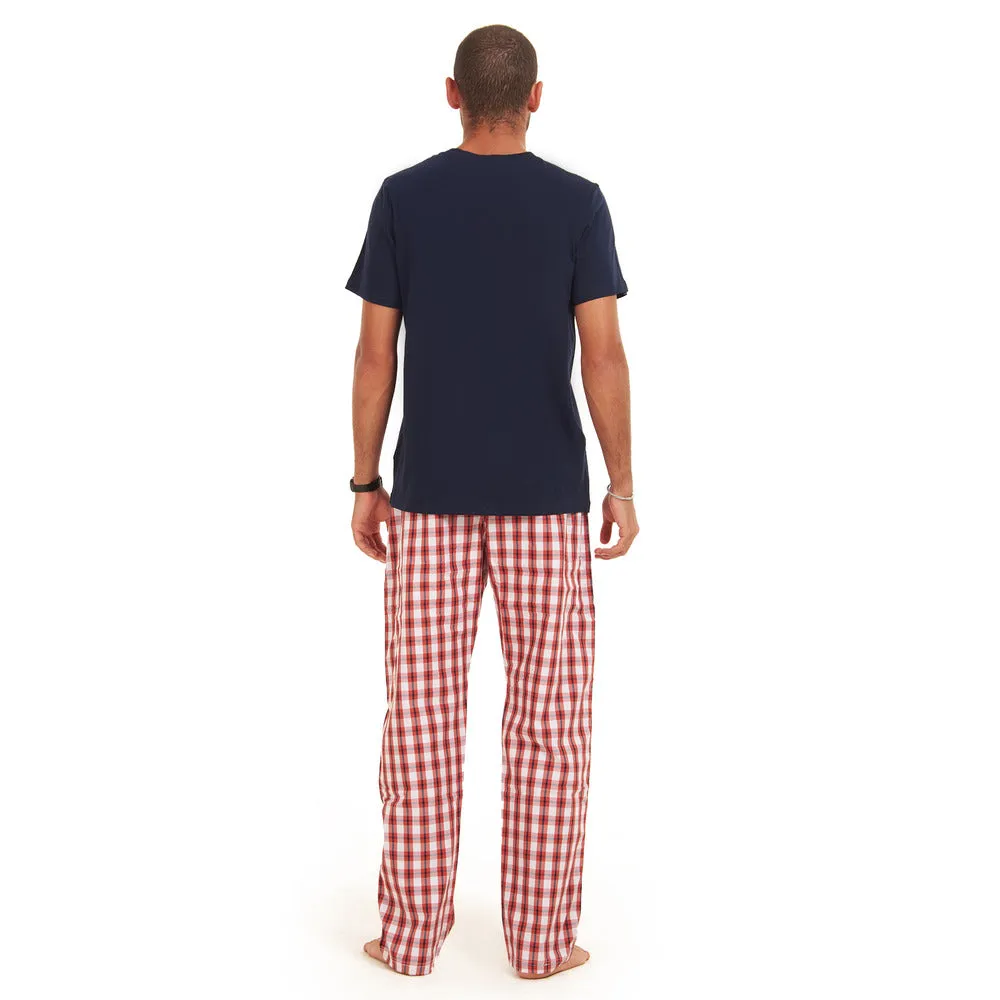 Men summer pajama set Dark Blue T-shirt   Red x White Checkered Pants