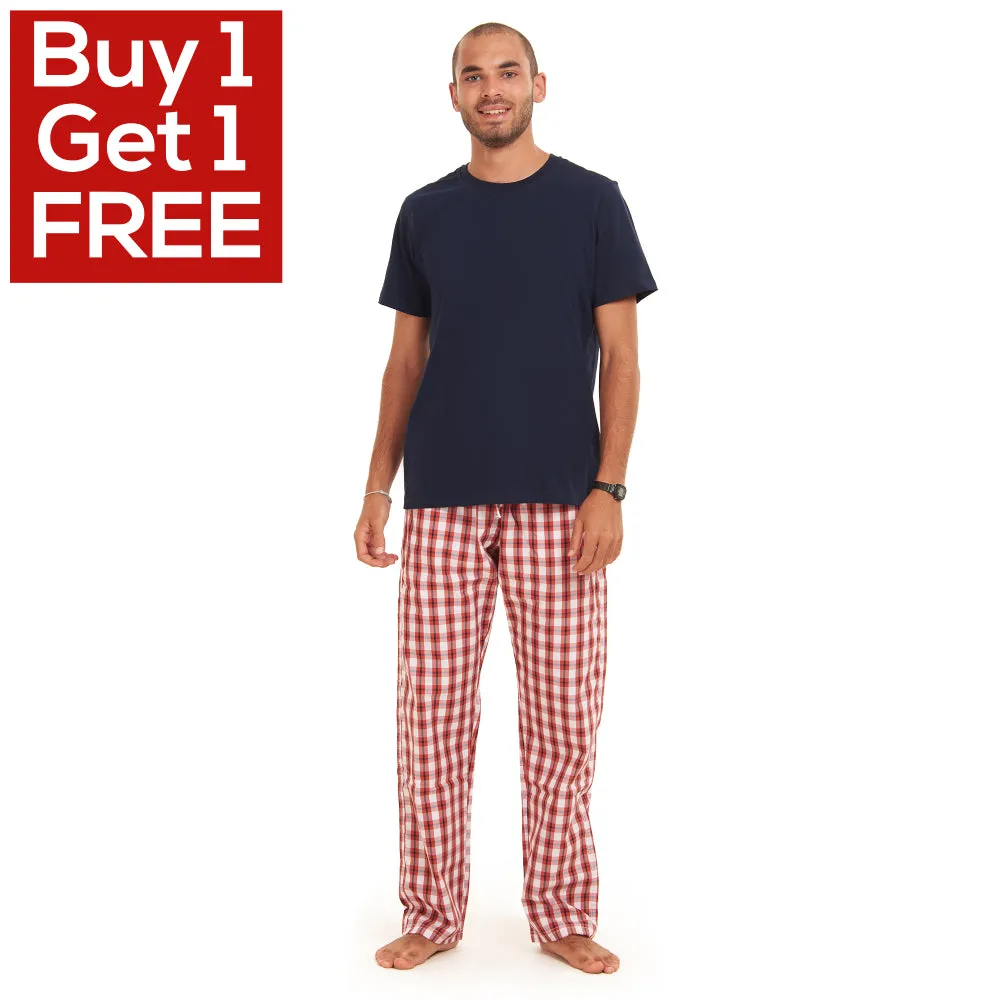 Men summer pajama set Dark Blue T-shirt   Red x White Checkered Pants