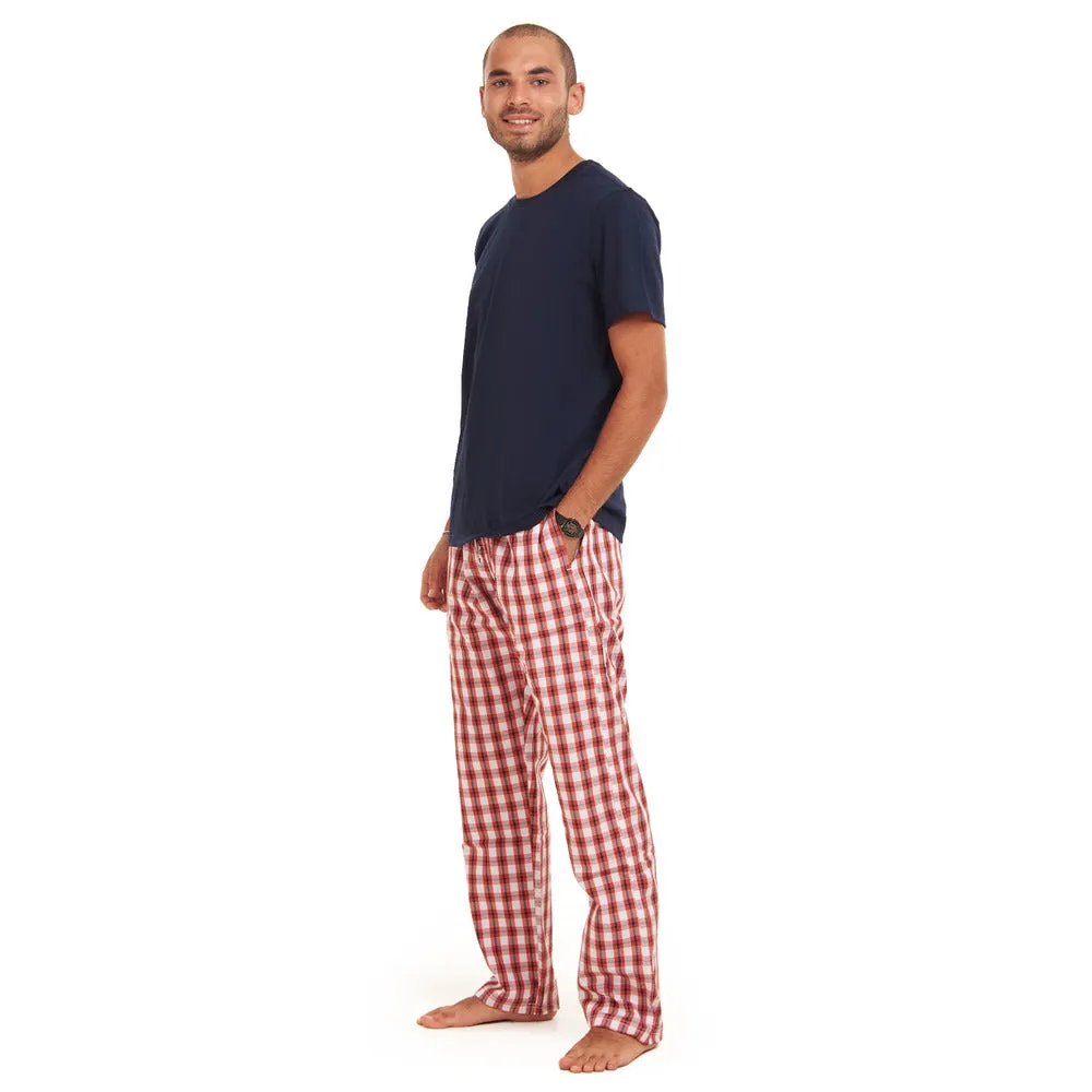 Men summer pajama set Dark Blue T-shirt   Red x White Checkered Pants