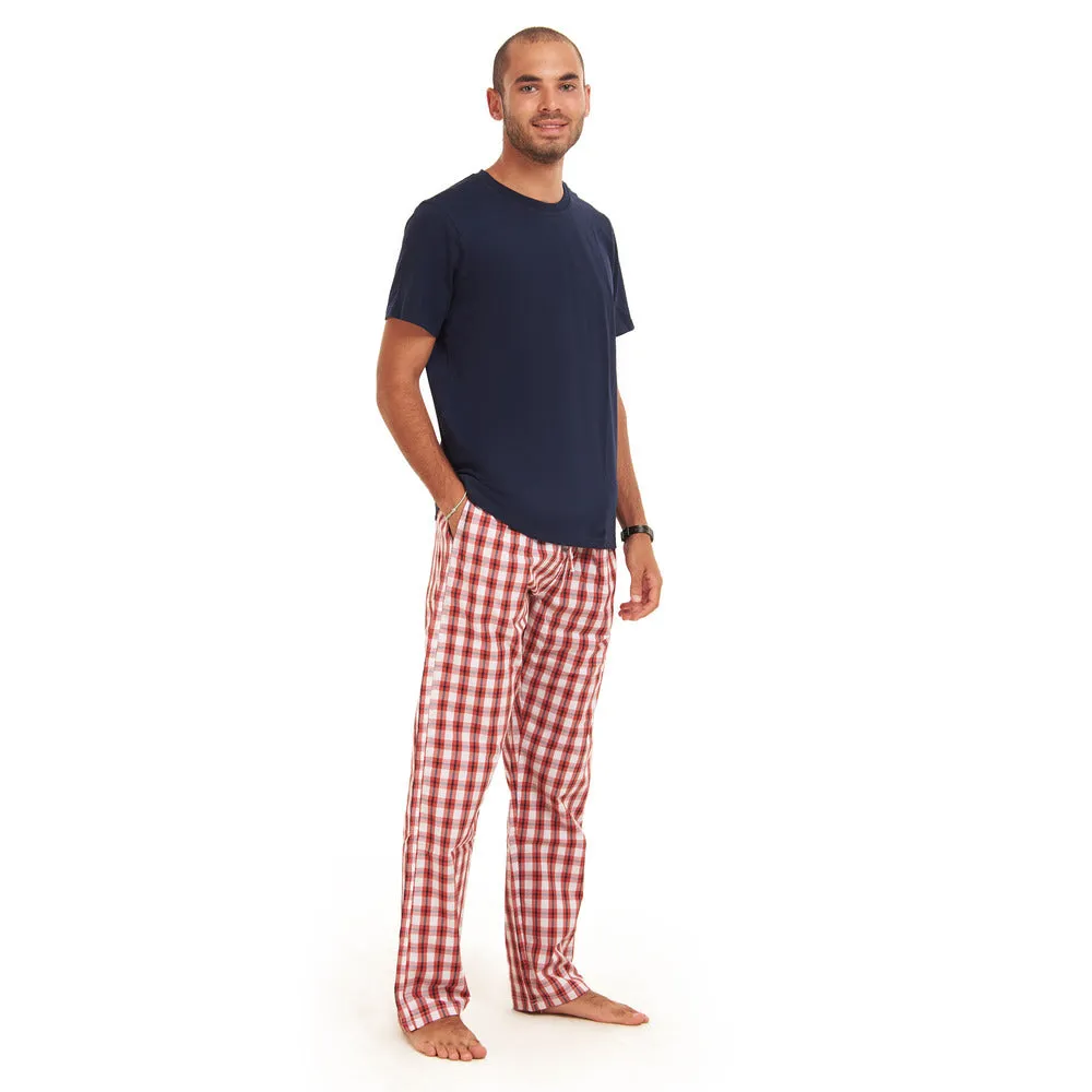 Men summer pajama set Dark Blue T-shirt   Red x White Checkered Pants