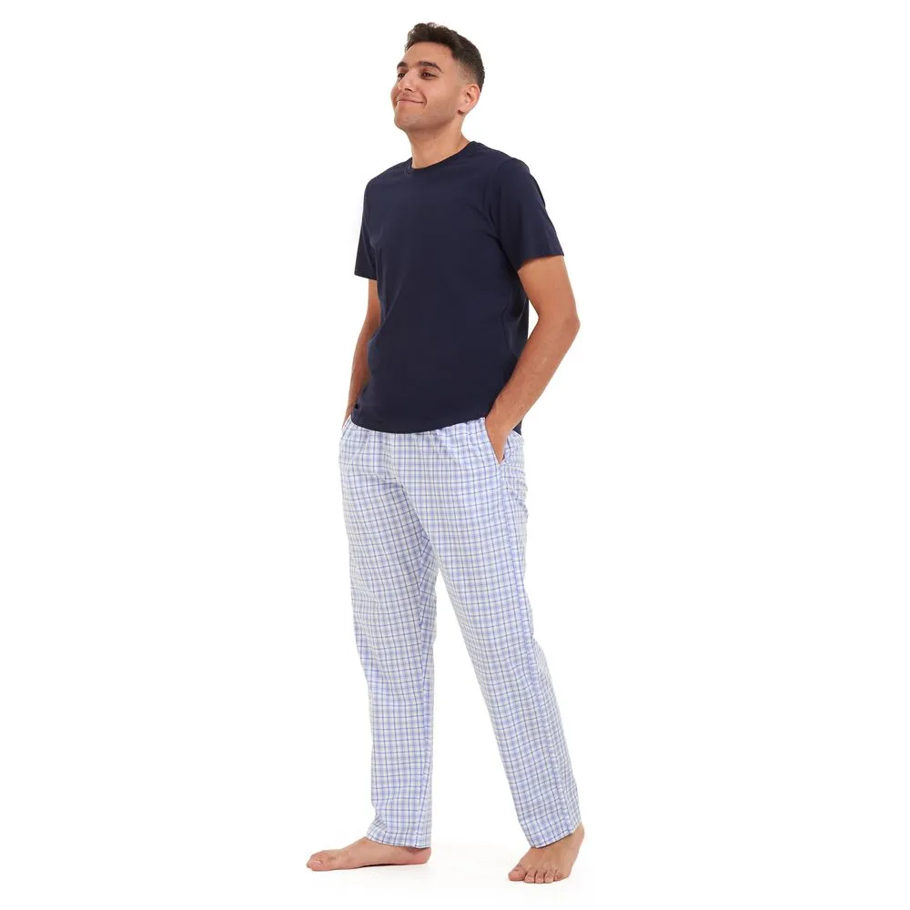 Men summer pajama set Dark blue t-shirt  White x blue checkered Pants