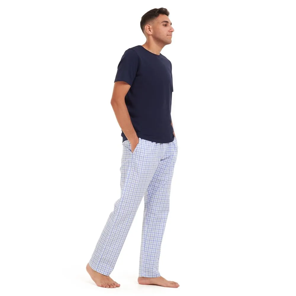 Men summer pajama set Dark blue t-shirt  White x blue checkered Pants