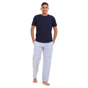 Men summer pajama set Dark blue t-shirt  White x blue checkered Pants