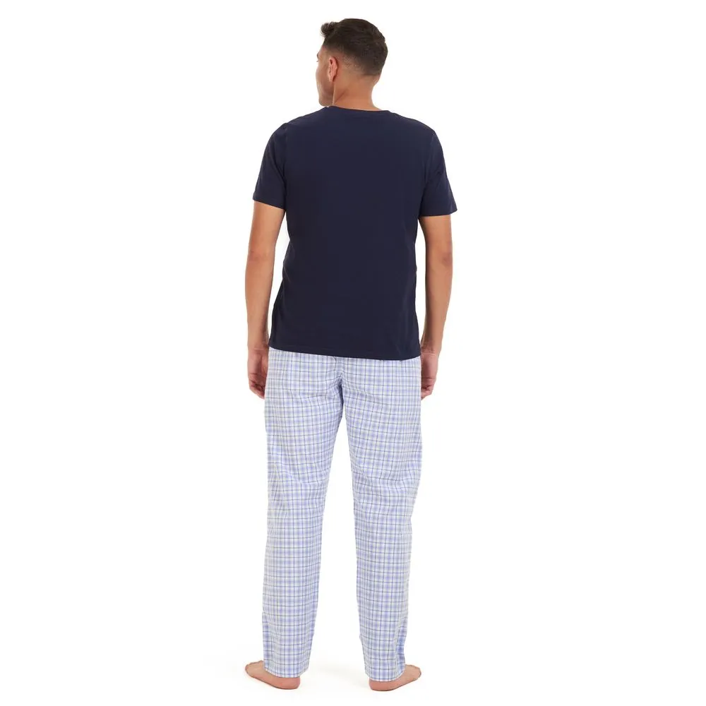 Men summer pajama set Dark blue t-shirt  White x blue checkered Pants