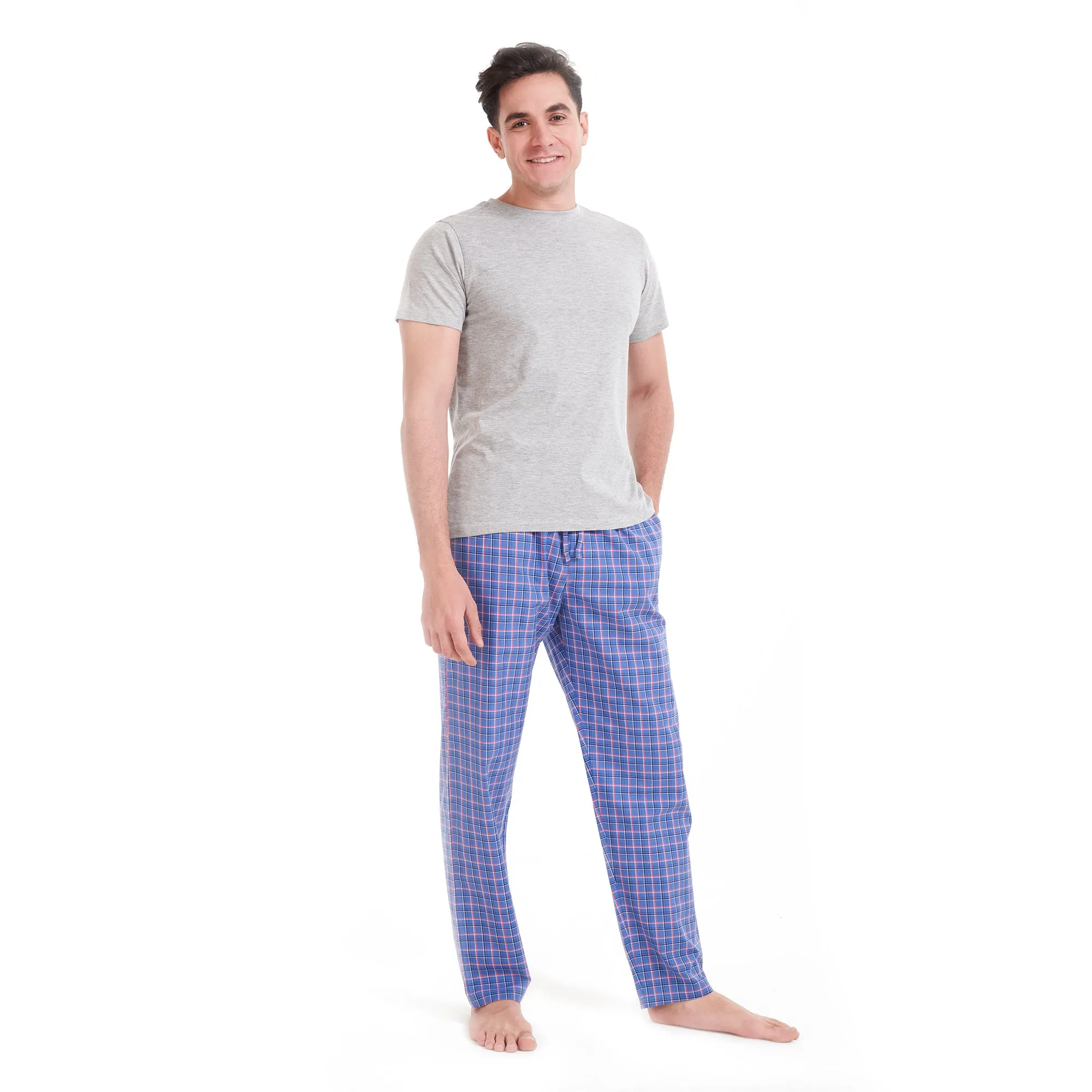 Men summer pajama set Grey T-shirt  Blue x Light Red checkered pants