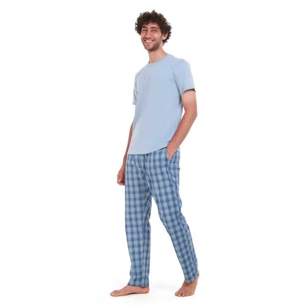 Men summer pajama set Light blue T-shirt   Blue x lime checkered pants