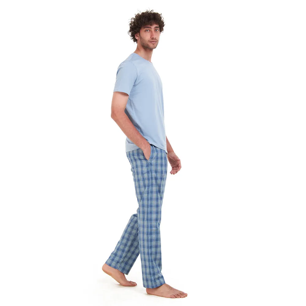 Men summer pajama set Light blue T-shirt   Blue x lime checkered pants