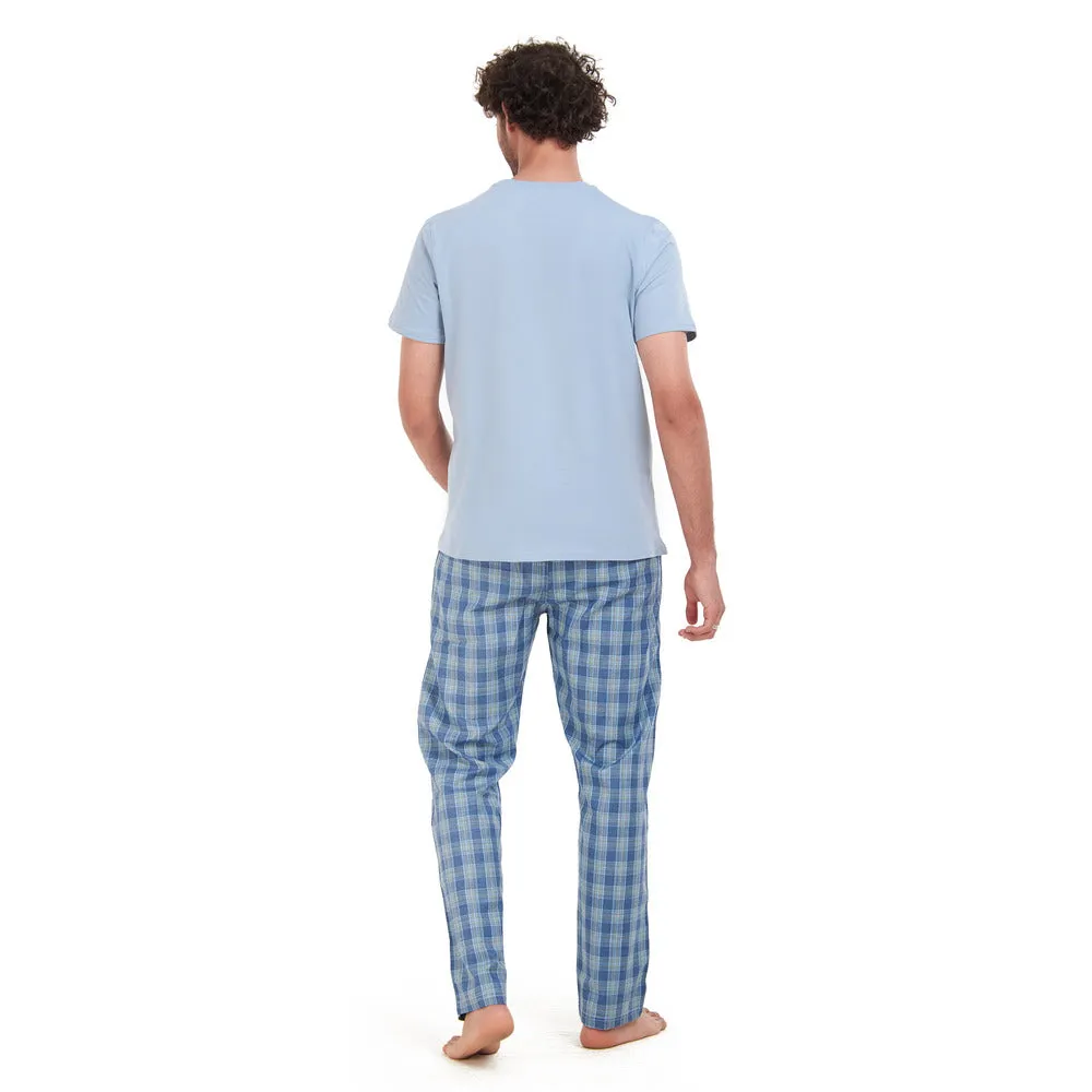 Men summer pajama set Light blue T-shirt   Blue x lime checkered pants