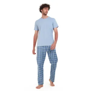 Men summer pajama set Light blue T-shirt   Blue x lime checkered pants