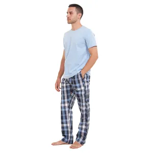 Men summer pajama set Light Blue T-shirt   Light Blue x Dark Blue Checkered Pants