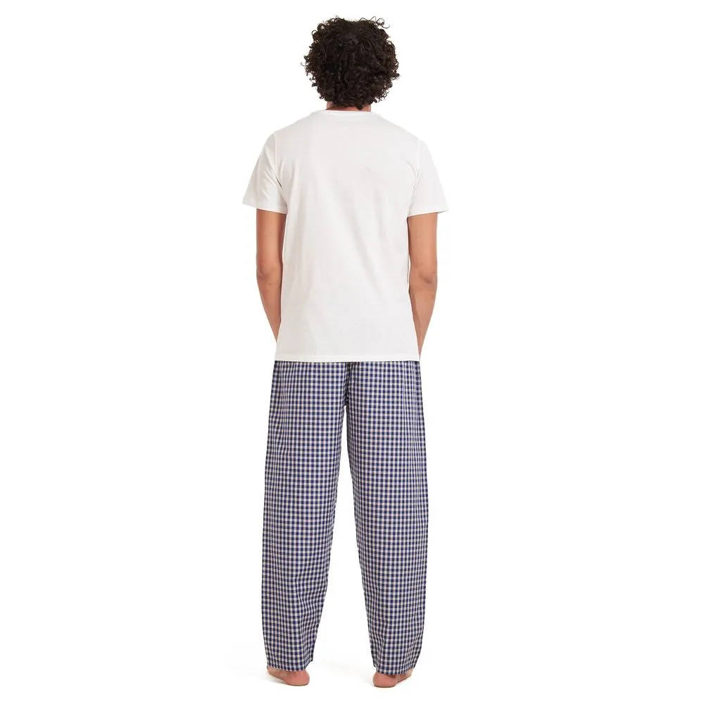 Men summer pajama set Off-white T-shirt  Dark blue checkered pants