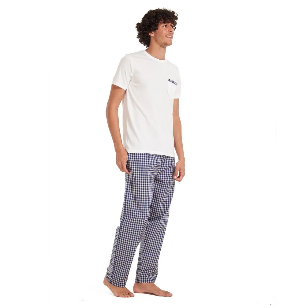 Men summer pajama set Off-white T-shirt  Dark blue checkered pants