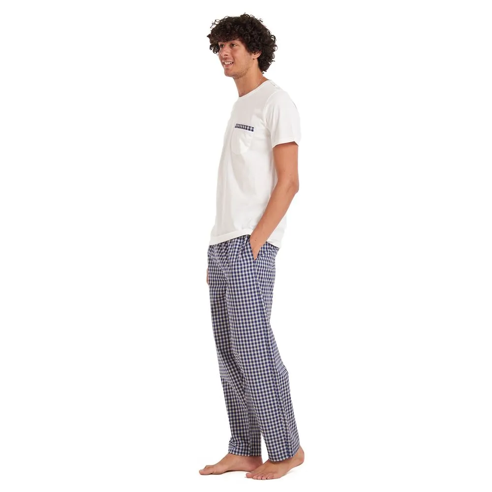 Men summer pajama set Off-white T-shirt  Dark blue checkered pants