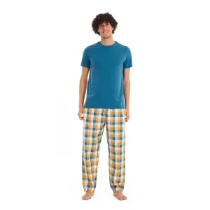 Men summer pajama set Teal T-shirt   Yellow checkered pants