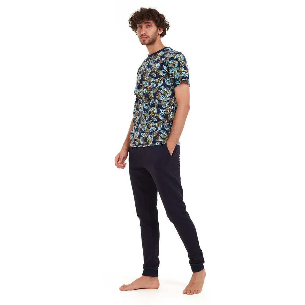 Men summer pajama set Turquoise leaves t-shirt  Dark blue pants