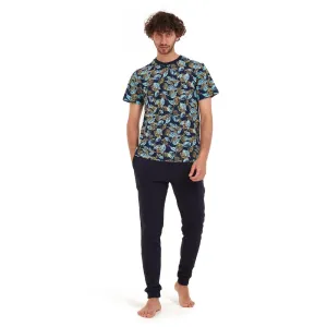 Men summer pajama set Turquoise leaves t-shirt  Dark blue pants