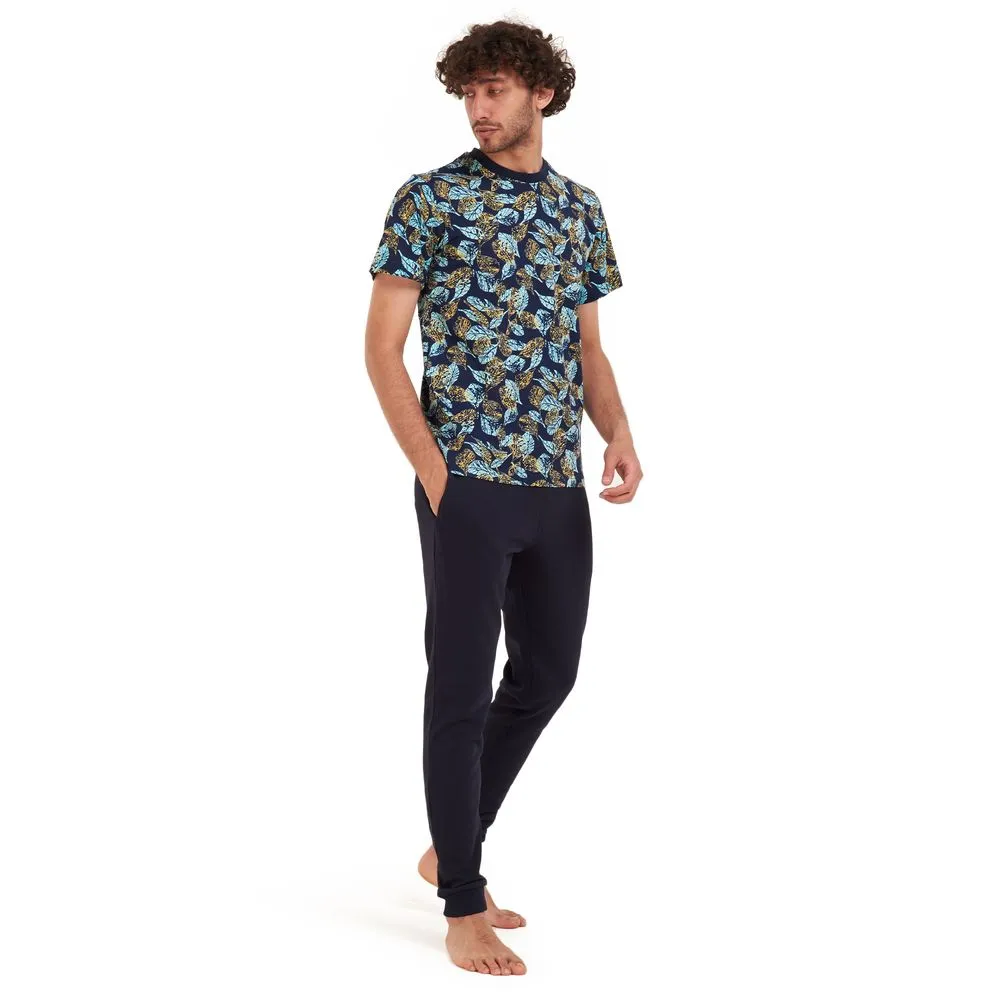 Men summer pajama set Turquoise leaves t-shirt  Dark blue pants