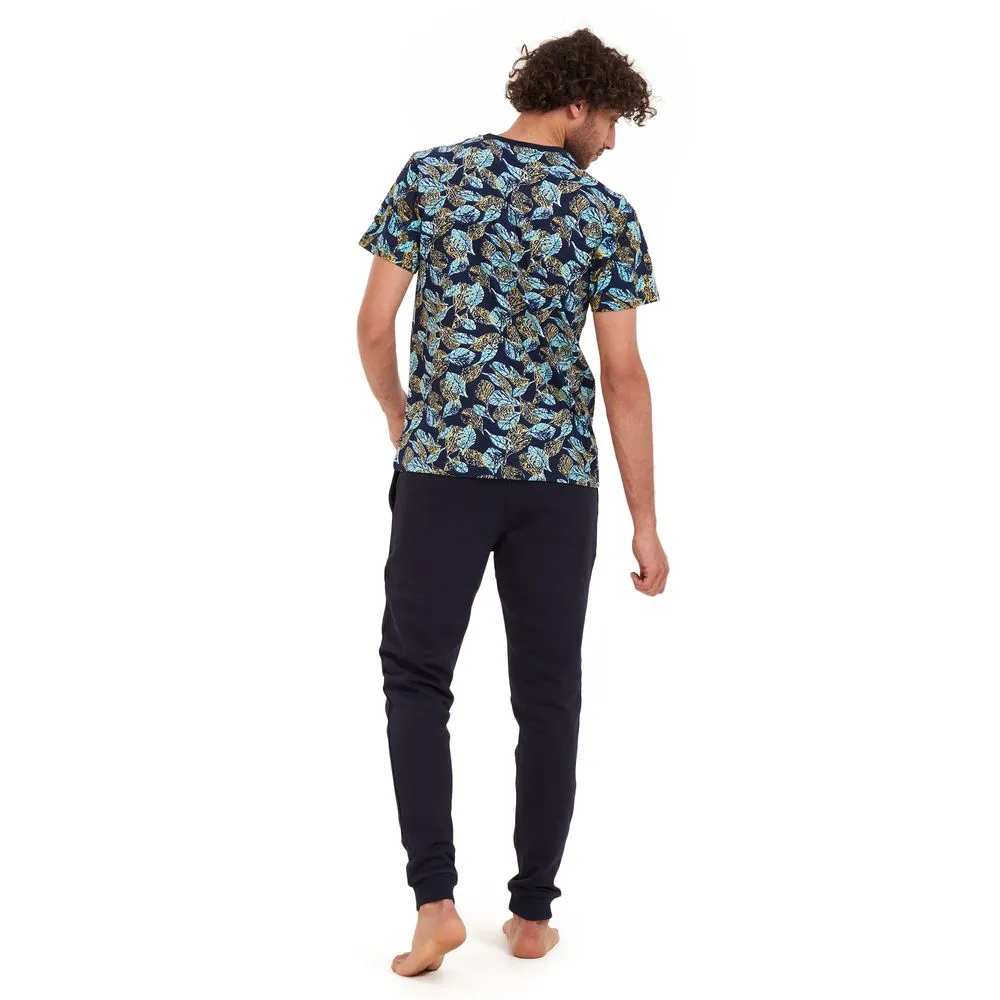 Men summer pajama set Turquoise leaves t-shirt  Dark blue pants