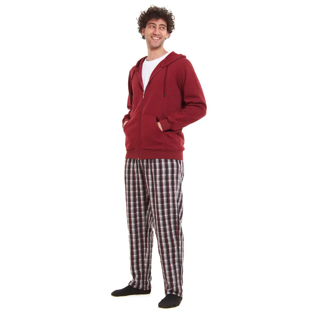 Men Winter Pajama 3 PCS Set Dark Red Sweatshirt  Off-white t-shirt   Dark Red x Black Checkered Pants