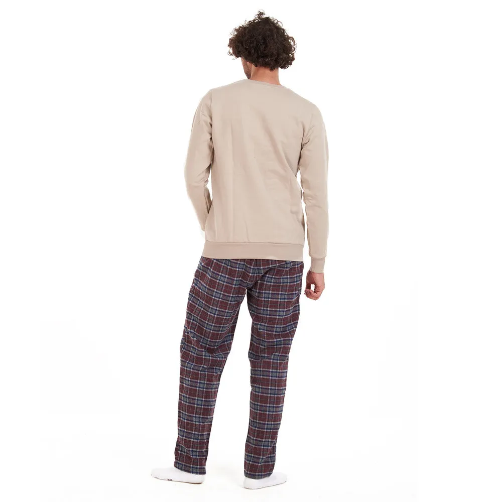 Men Winter Pajama Set Beige Shirt   Dark Red x Grey Checkered Pants