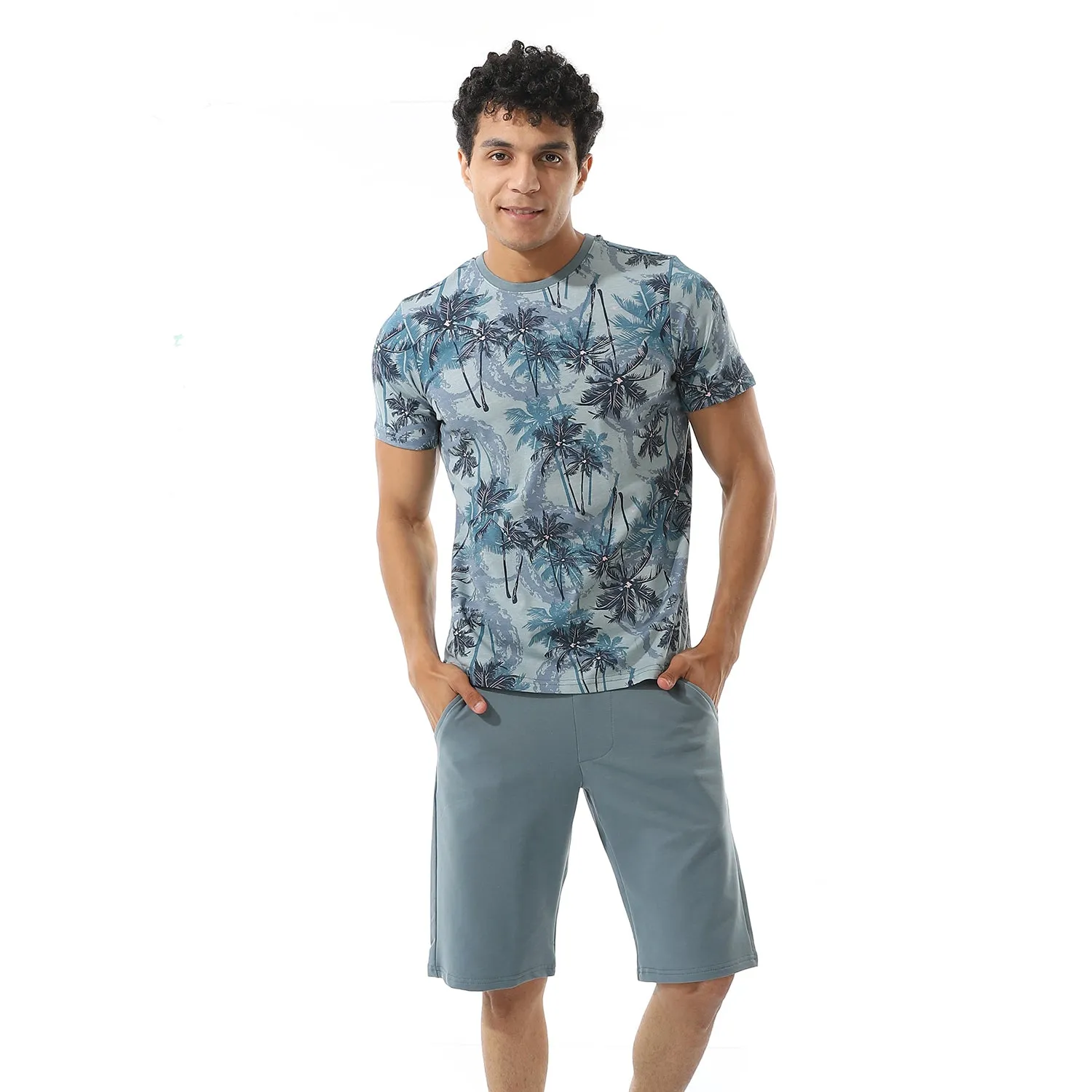 Men's Printed Palm Trees Tee & Shorts Pajama Set - Baby Blue