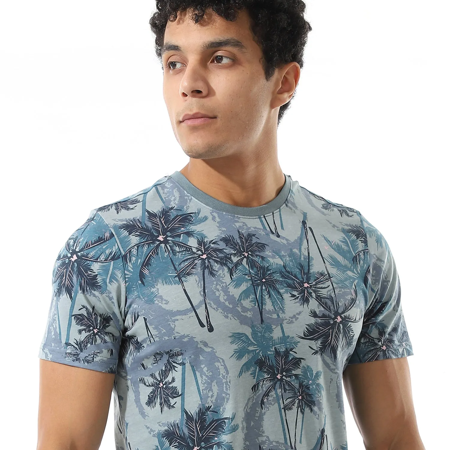 Men's Printed Palm Trees Tee & Shorts Pajama Set - Baby Blue