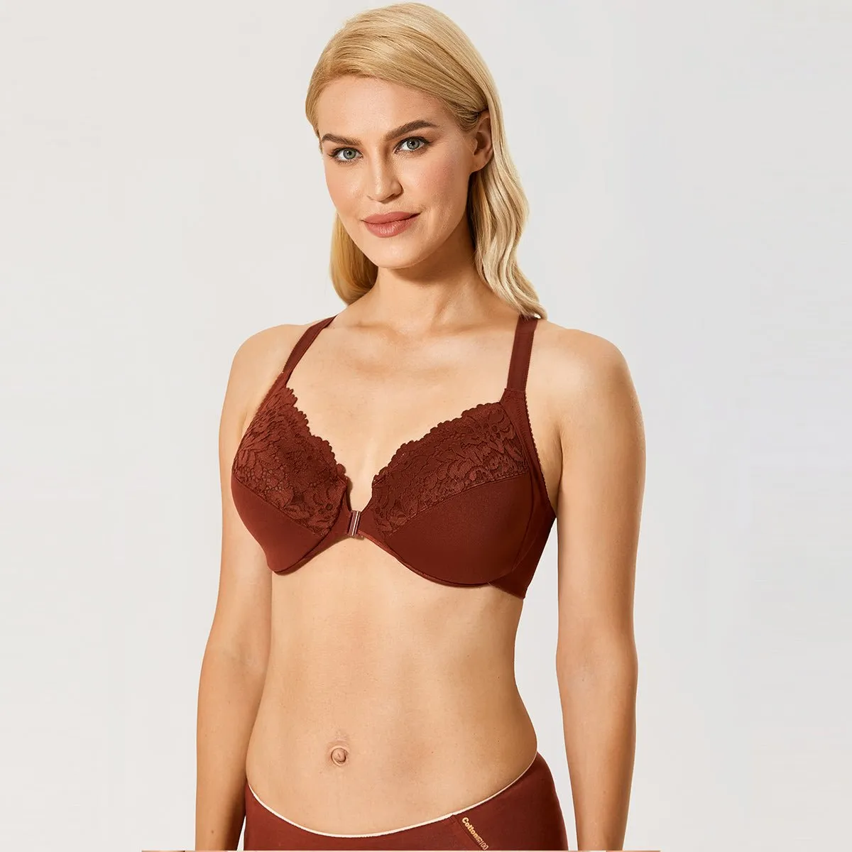 Natural Shaping Front Closure Underwire Maroon Full Coverage Lace Bra